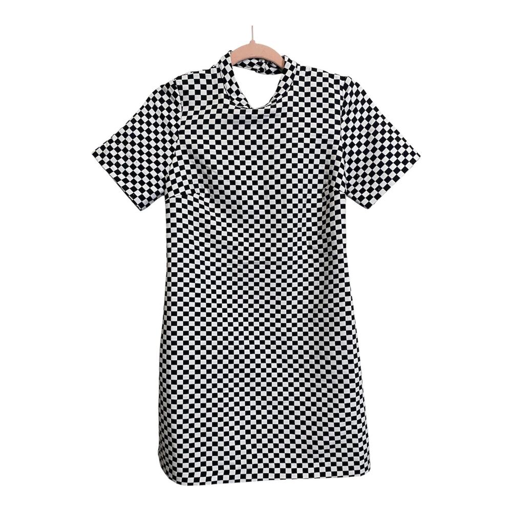 Zara Checkered Mini Sheath Dress Black White open Back Mock Neck Size S